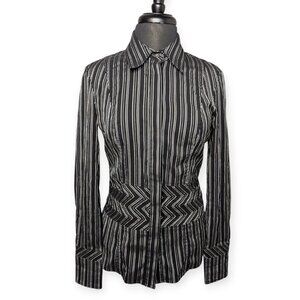 Debbie Shuchat Black White Pinstriped Long Sleeve Button Front French Cuffs Sz 6